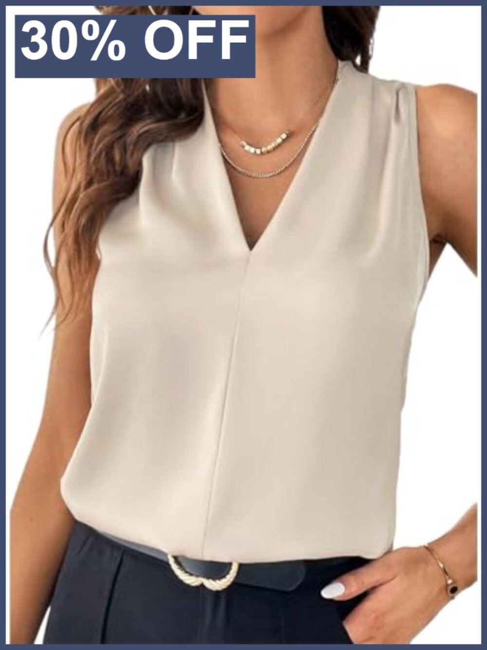 Pleated V Neck Sleeveless Tank Top Business Casual Loose Fit Summer
